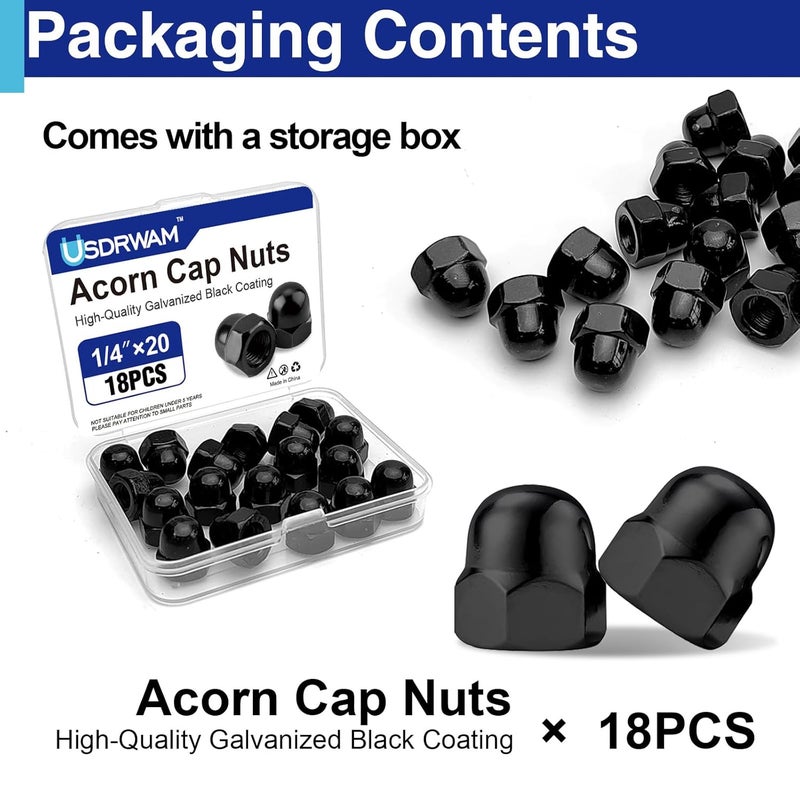 Usdrwam 18Pcs 1/4"-20 Acorn Cap Nuts, Zinc Plating-Black Hex Head Acorn Cap Nuts, Stainless Steel 18-8 (304) Hexagon Dome for Indoor Outdoor - Image 3